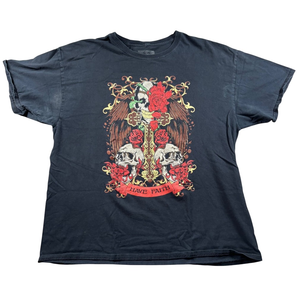VTG  Faith Skull Rose Wings Y2K Thirty Single Graphic Tee Mens XL Black‎ Shirt